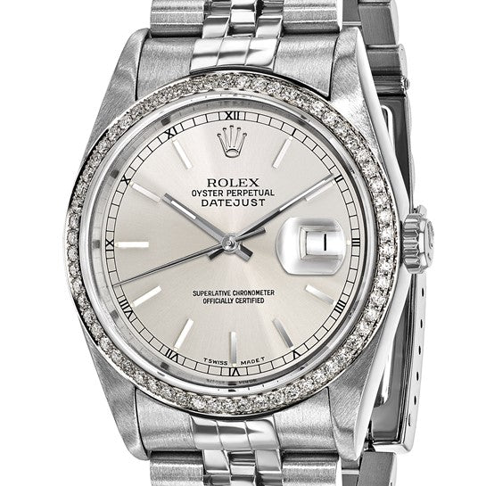 Rolex de segunda mano de Swiss Crown™ EE. UU. Reloj Rolex de acero de 36 mm Jubilee Datejust con esfera plateada y bisel de diamantes de segunda mano certificado independientemente 