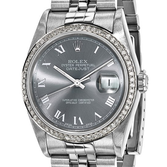 Rolex Pre-owned Rolex by Swiss Crown™ USA Pre-owned Independently Certified Rolex Steel 36mm Jubilee Datejust Grey Dial and Diamond Bezel Watch