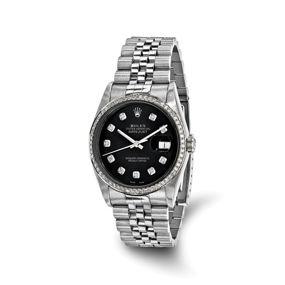 Swiss Crown™ USA Pre-owned Rolex-Independently Certified Steel 36mm Jubilee Datejust Black Diamond Dial and Bezel Watch