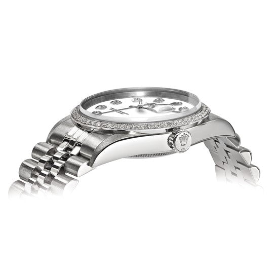 Rolex de segunda mano de Swiss Crown™ EE. UU. Reloj Jubilee Datejust de 36 mm de acero con certificación independiente Rolex de segunda mano, esfera y bisel de diamantes blancos 