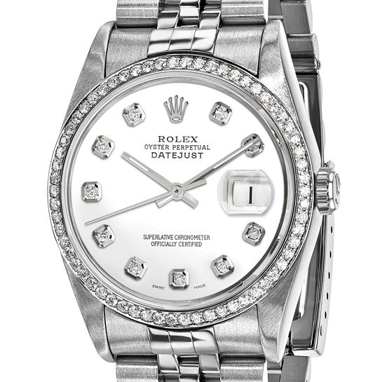 Rolex de segunda mano de Swiss Crown™ EE. UU. Reloj Jubilee Datejust de 36 mm de acero con certificación independiente Rolex de segunda mano, esfera y bisel de diamantes blancos 