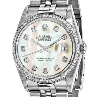Swiss Crown™ USA Pre-owned Rolex-Independently Certified Steel 36mm Jubilee Datejust Mother of Pearl Diamond Dial and Bezel Watch