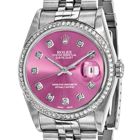 Swiss Crown™ Reloj Rolex de acero de 36 mm Jubilee Datejust con esfera y bisel de diamantes rosas de segunda mano certificado independientemente en EE. UU.