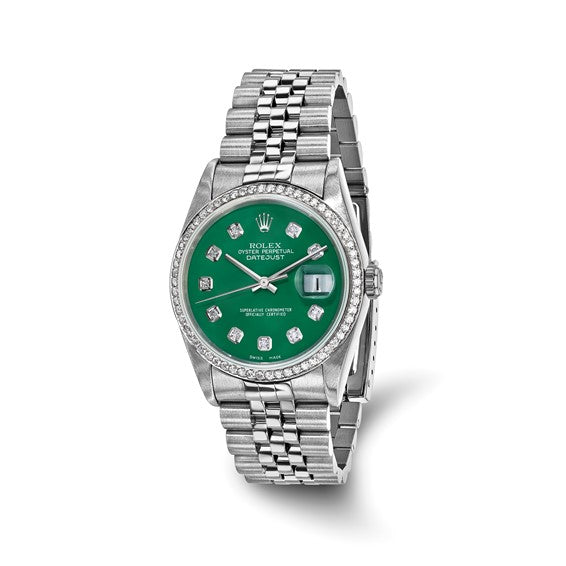 Swiss Crown™ USA Pre-owned Rolex-Independently Certified Steel 36mm Jubilee Datejust Green Diamond Dial and Bezel Watch