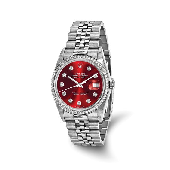 Swiss Crown™ USA Pre-owned Rolex-Independently Certified Steel 36mm Jubilee Datejust Red Diamond Dial and Bezel Watch