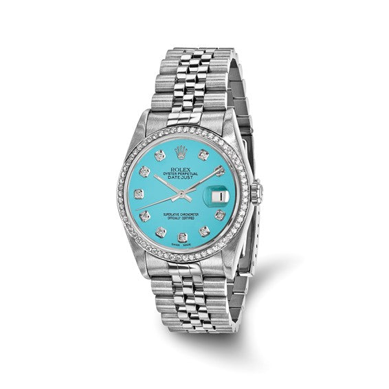 Swiss Crown™ USA Pre-owned Rolex-Independently Certified Steel 36mm Jubilee Datejust Teal Diamond Dial and Bezel Watch