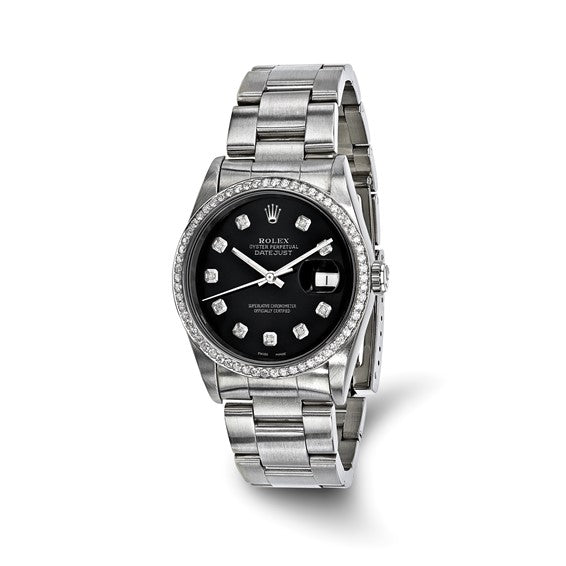 Swiss Crown™ USA Pre-owned Rolex-Independently Certified Steel 36mm Oyster Datejust Black Diamond Dial and Bezel Watch