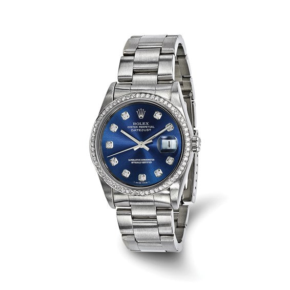 Swiss Crown™ USA Pre-owned Rolex-Independently Certified Steel 36mm Oyster Datejust Blue Diamond Dial and Bezel Watch