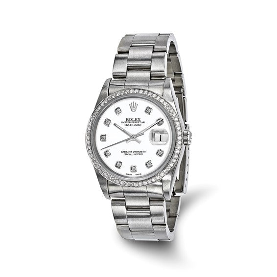 Swiss Crown™ USA Pre-owned Rolex-Independently Certified Steel 36mm Oyster Datejust White Diamond Dial and Bezel Watch