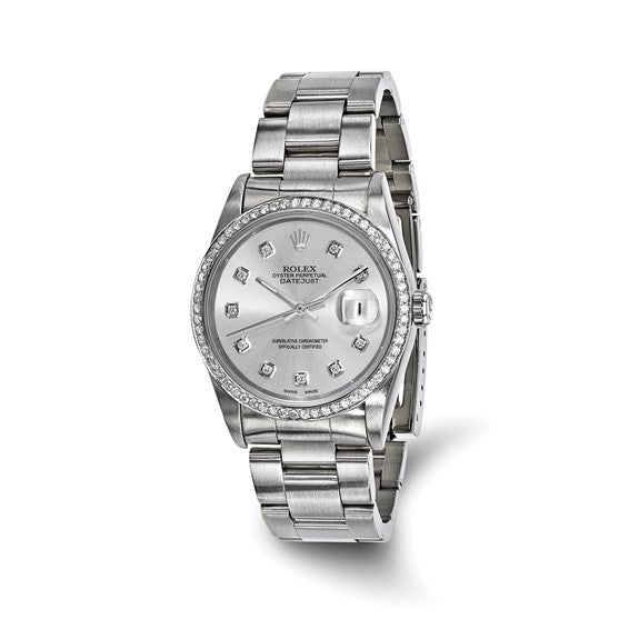 Swiss Crown™ USA Pre-owned Rolex-Independently Certified Steel 36mm Oyster Datejust Silver Diamond Dial and Bezel Watch