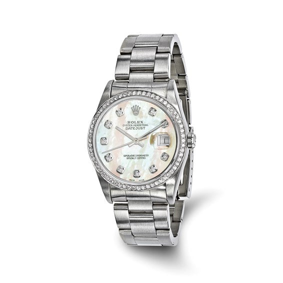 Swiss Crown™ USA Pre-owned Rolex-Independently Certified Steel 36mm Oyster Datejust Mother of Pearl Diamond Dial and Bezel Watch