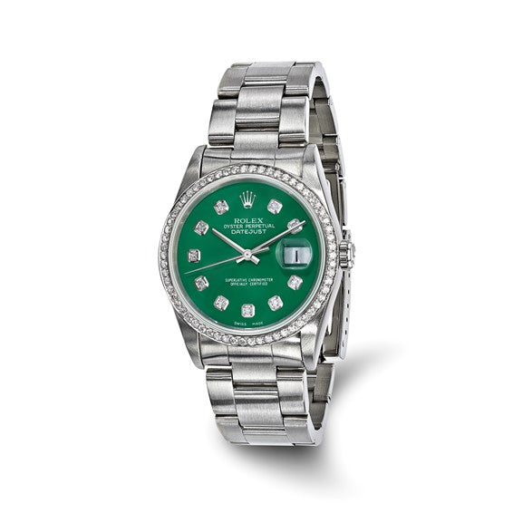 Swiss Crown™ USA Pre-owned Rolex-Independently Certified Steel 36mm Oyster Datejust Green Diamond Dial and Bezel Watch