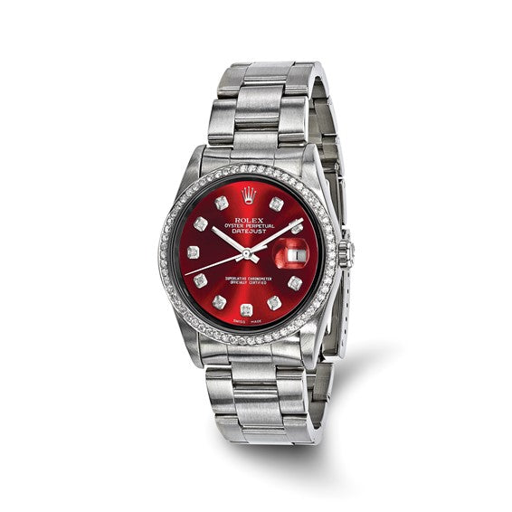 Swiss Crown™ USA Pre-owned Rolex-Independently Certified Steel 36mm Oyster Datejust Red Diamond Dial and Bezel Watch