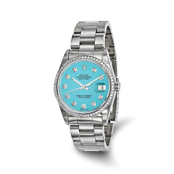 Swiss Crown™ USA Pre-owned Rolex-Independently Certified Steel 36mm Oyster Datejust Teal Diamond Dial and Bezel Watch