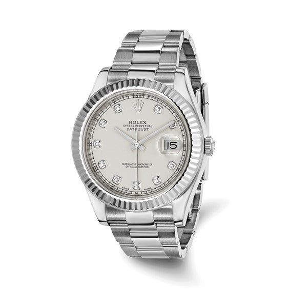 Swiss Crown™ USA Pre-owned Rolex-Independently Certified MENS 41MM SS OYSTER DJ II with SILVER DIA DIAL and 18K BEZEL