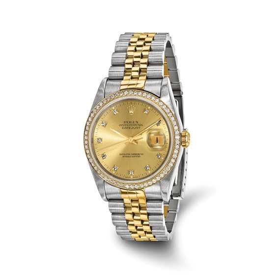 Swiss Crown™ USA Pre-owned Rolex-Independently Certified Steel and 18k 36mm Jubilee Datejust Champagne Diamond Dial and Bezel Watch