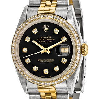 Swiss Crown™ USA Pre-owned Rolex-Independently Certified Steel and 18k 36mm Jubilee Datejust Black Diamond Dial and Bezel Watch