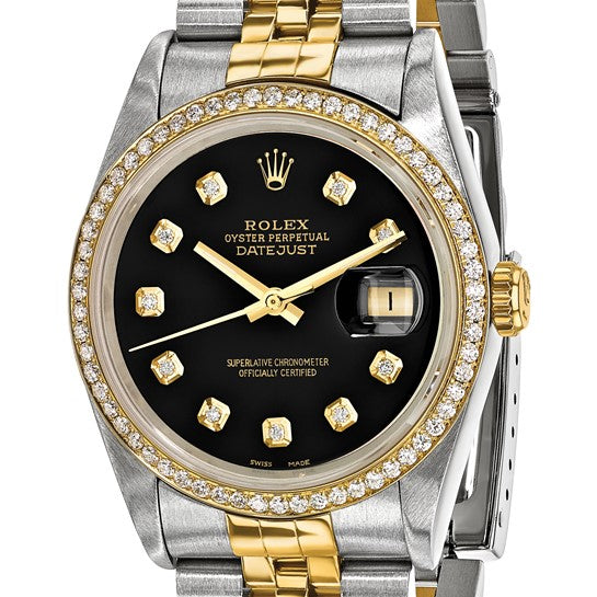 Swiss Crown™ USA Pre-owned Rolex-Independently Certified Steel and 18k 36mm Jubilee Datejust Black Diamond Dial and Bezel Watch