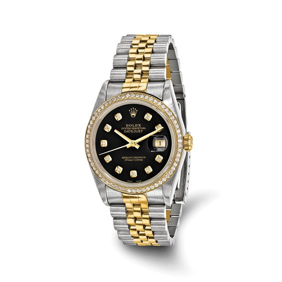 Swiss Crown™ USA Pre-owned Rolex-Independently Certified Steel and 18k 36mm Jubilee Datejust Black Diamond Dial and Bezel Watch