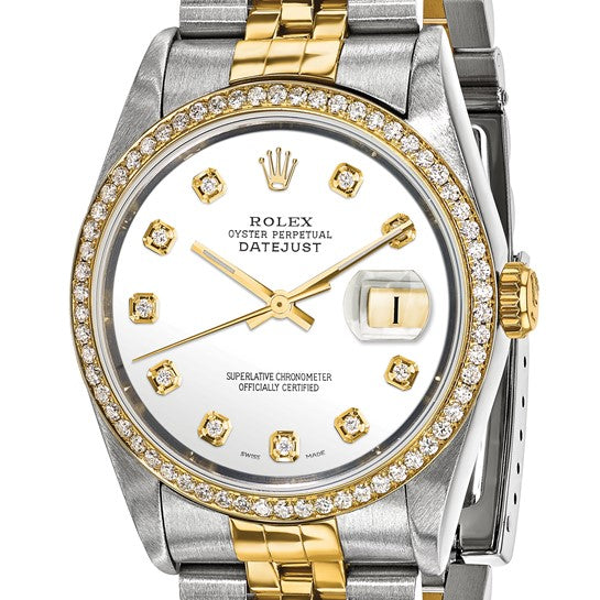 Rolex de segunda mano de Swiss Crown™ EE. UU. Reloj de segunda mano de acero con certificación independiente Rolex y reloj Jubilee Datejust de 18k y 36 mm con esfera y bisel de diamantes blancos 