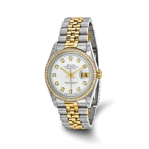 Rolex de segunda mano de Swiss Crown™ EE. UU. Reloj de segunda mano de acero con certificación independiente Rolex y reloj Jubilee Datejust de 18k y 36 mm con esfera y bisel de diamantes blancos 