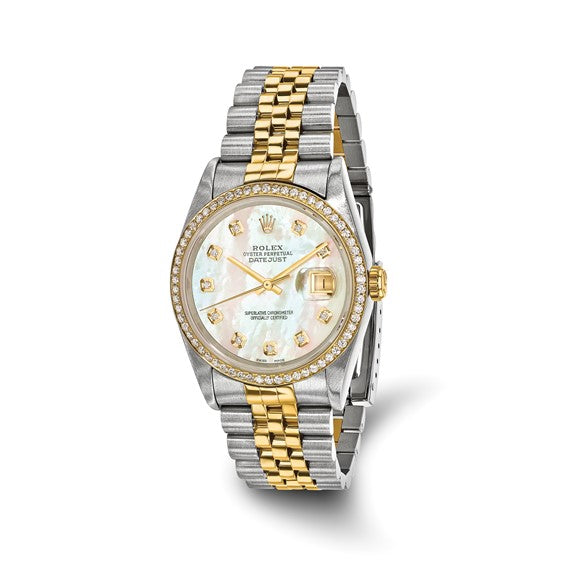 Swiss Crown™ USA Pre-owned Rolex-Independently Certified Steel and 18k 36mm Jubilee Datejust Mother of Pearl Diamond Dial and Bezel Watch