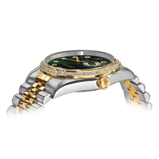 Rolex de segunda mano de Swiss Crown™ EE. UU. Reloj Rolex de segunda mano certificado independientemente de acero y reloj Jubilee Datejust de 18k y 36 mm con esfera y bisel de diamantes verdes