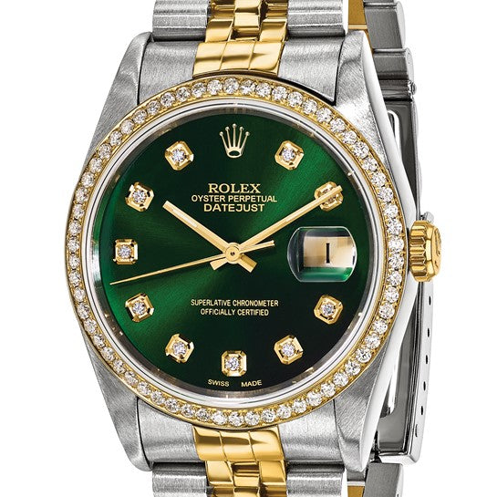 Rolex Pre-owned Rolex by Swiss Crown™ USA Pre-owned Independently Certified Rolex Steel and 18k 36mm Jubilee Datejust Green Diamond Dial and Bezel Watch