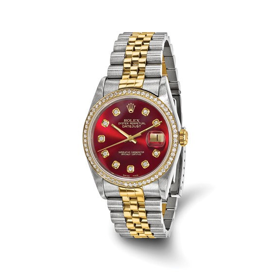 Swiss Crown™ USA Pre-owned Rolex-Independently Certified Steel and 18k 36mm Jubilee Datejust Red Diamond Dial and Bezel Watch