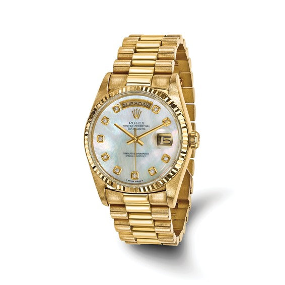 Swiss Crown™ USA Pre-owned Rolex-Independently Certified 18K SQ Presidential With Mother of Pearl Diamond Dial and 18k Bezel