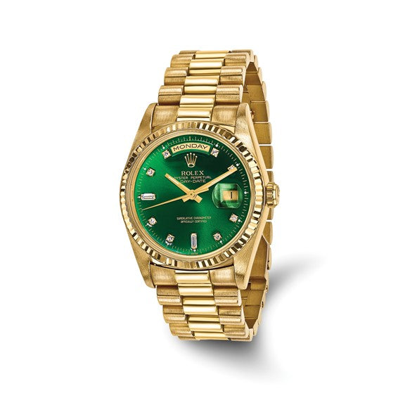 Swiss Crown™ USA Pre-owned Rolex-Independently Certified 18k 36mm Case Single Quickset Presidential Green Diamond Dial Watch