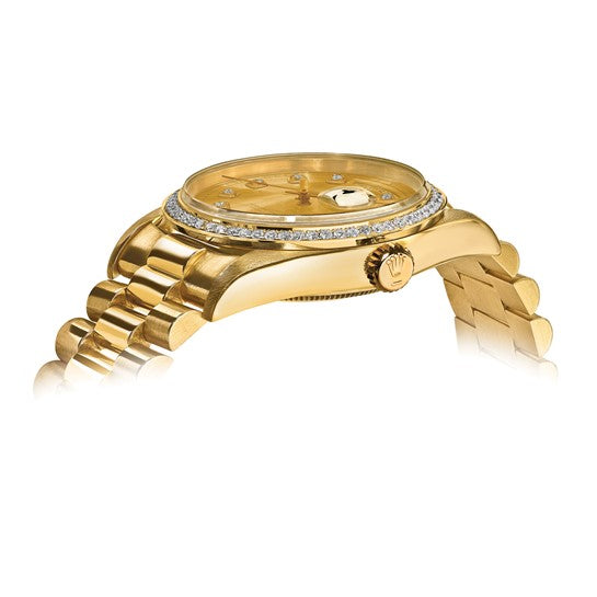 Relojes Swiss Crown USA(Pág. 4) Reloj Rolex de 18k y 36 mm con certificación independiente y de segunda mano Swiss Crown™ en EE. UU., con ajuste único Quickset Presidential Champagne, esfera y bisel de diamantes