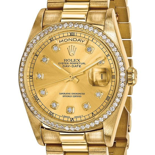 Relojes Swiss Crown USA(Pág. 4) Reloj Rolex de 18k y 36 mm con certificación independiente y de segunda mano Swiss Crown™ en EE. UU., con ajuste único Quickset Presidential Champagne, esfera y bisel de diamantes