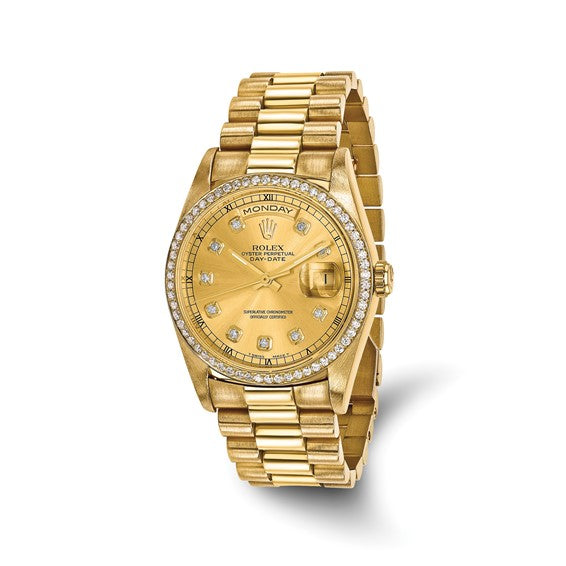 Swiss Crown USA Watches(Pg. 4) Swiss Crown™ USA Pre-owned Independently Certified Rolex 18k 36mm Case Single Quickset Presidential Champagne Diamond Dial and Bezel Watch