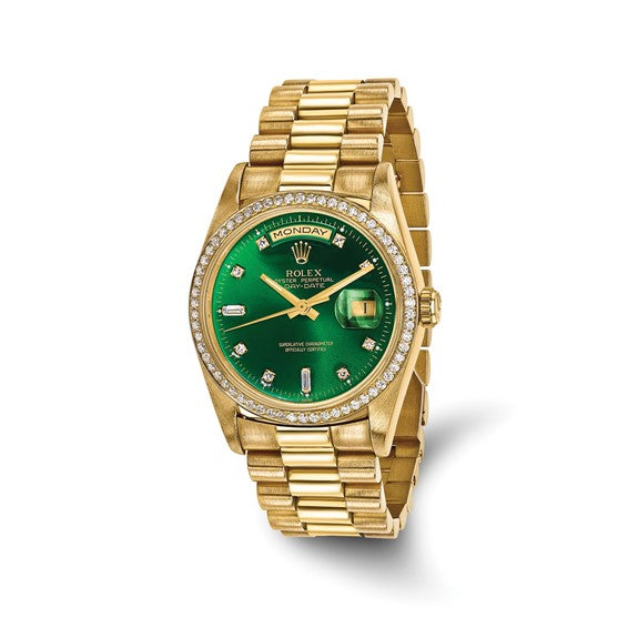 Swiss Crown™ USA Pre-owned Rolex-Independently Certified 18k 36mm Case Single Quickset Presidential Green Diamond Dial and Bezel Watch