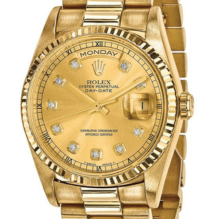 Swiss Crown™ USA Pre-owned Rolex-Independently Certified 18k 36mm Case Double Quickset Presidential Champagne Diamond Dial Watch