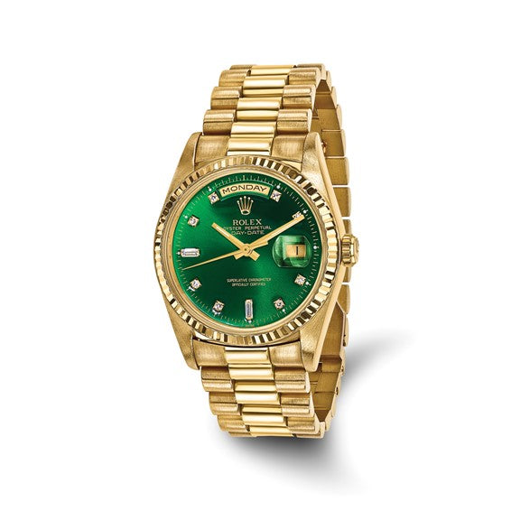 Swiss Crown™ USA Pre-owned Rolex-Independently Certified 18k 36mm Case Double Quickset Presidential Green Diamond Dial Watch