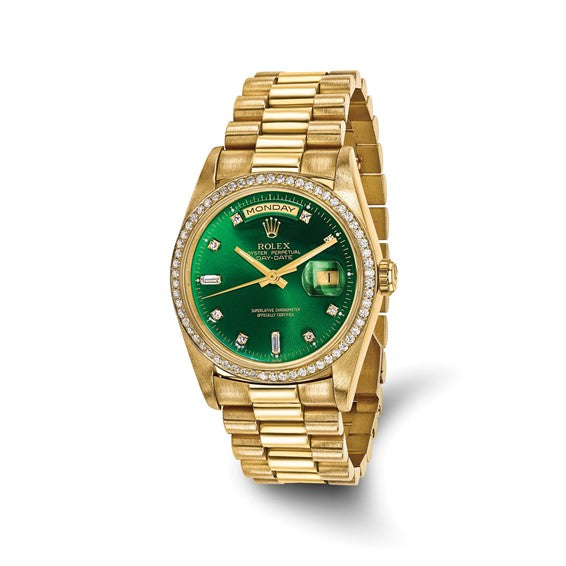 Swiss Crown™ USA Pre-owned Rolex-Independently Certified 18k 36mm Case Double Quickset Presidential Green Diamond Dial and Bezel Watch