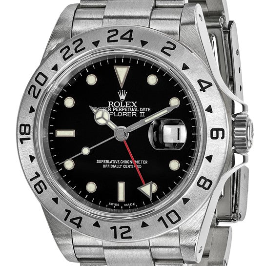 Reloj Rolex de segunda mano de Swiss Crown™ USA certificado independiente Rolex Oyster de acero de 40 mm Explorer II con esfera negra 