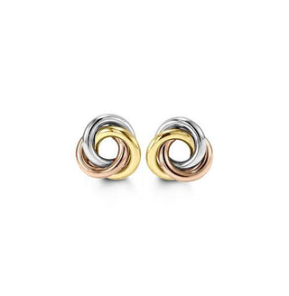 A pair of 10K tri-tone gold stud earrings with one earring showcasing a silver tone and the other showcasing a rose gold tone.