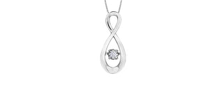A 10K white gold pendant featuring a round-cut diamond in the center, with a sleek, polished finish.