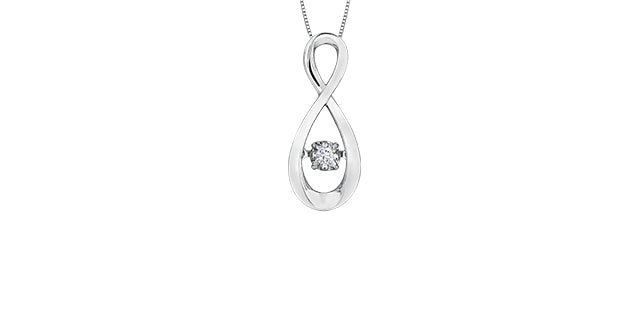 A 10K white gold pendant featuring a round-cut diamond in the center, with a sleek, polished finish.