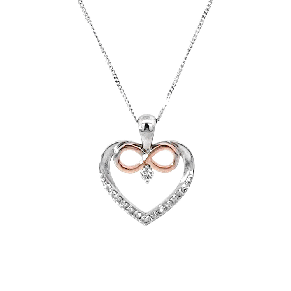 A 10K white and rose gold necklace with a heart-shaped design featuring a larger Canadian diamond and a smaller clear diamond.