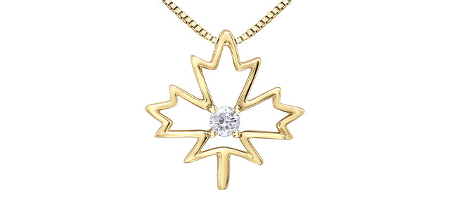 A 10K yellow gold necklace with a maple leaf shape and a Canadian diamond in the center.