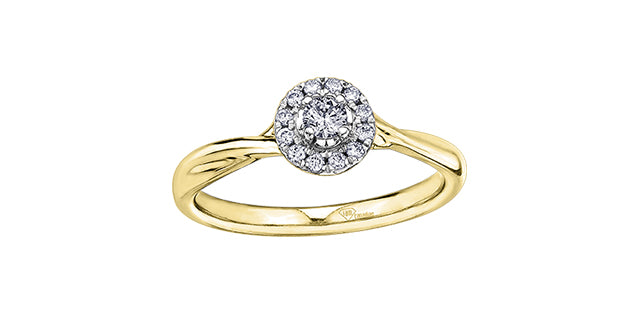 A 10K yellow gold engagement ring with a central Canadian diamond and two smaller diamonds on the sides, set on a plain background.