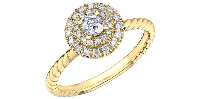 A 10K yellow gold engagement ring with a large central Canadian diamond and smaller surrounding diamonds set in a classic six-prong setting.