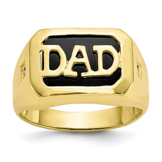 A 10K yellow gold men's signet ring with a black onyx center and a small diamond embellishment on the side.