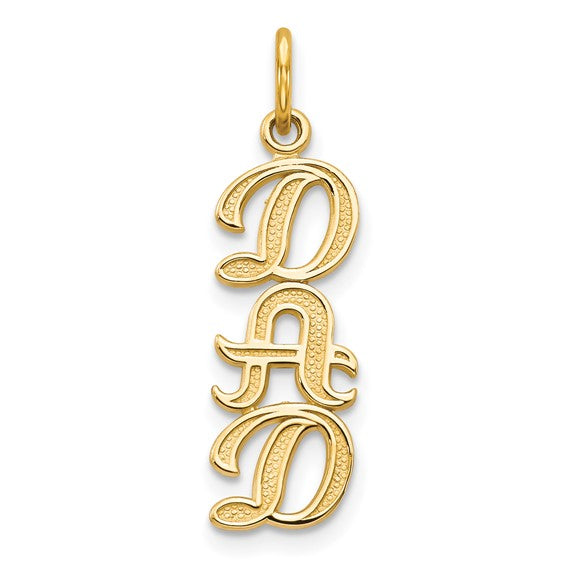 A 10K yellow gold 'DAD' charm in an oval shape with a dangling loop at the top.