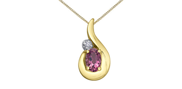 Gold pendant with pink gemstone and diamond on a white background