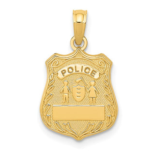 A 10K yellow gold police badge pendant with engravable text space, measuring 21mm x 12mm.